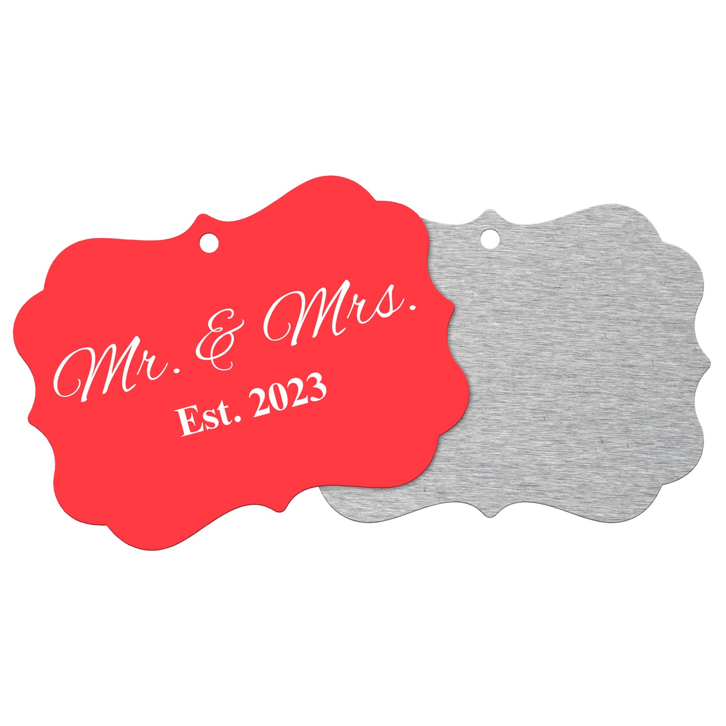 “Spouses Est. 2023” Medallion Ornament (Bright Red Background w/ White Font)