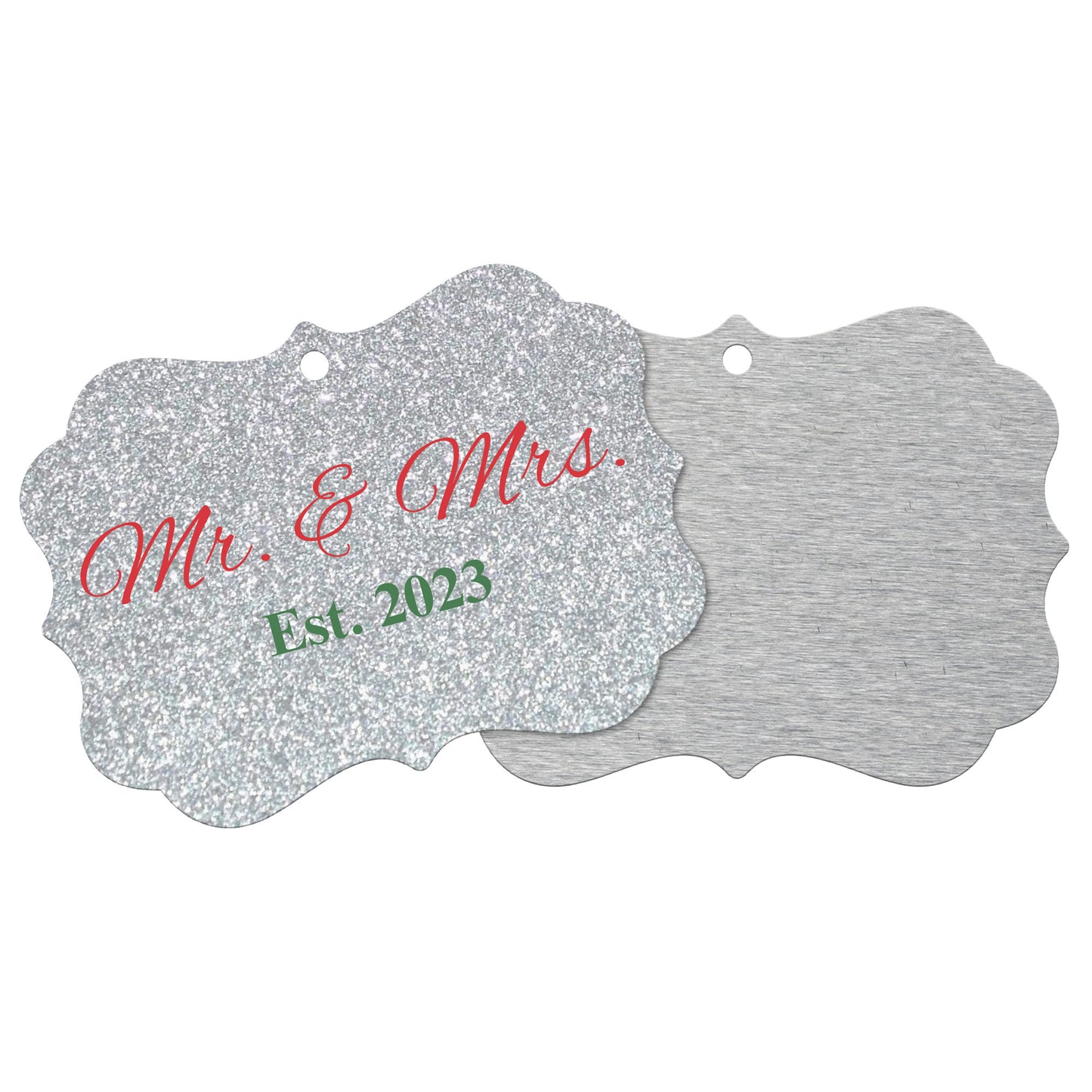 “Spouses Est. 2023” Medallion Ornament (Silver Glitter Background w/ Dark Red & Green Font)