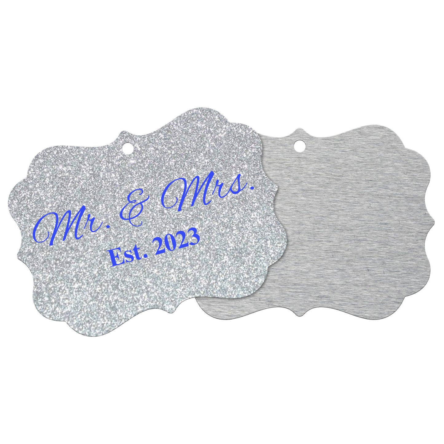 “Spouses Est. 2023” Medallion Ornament (Silver Glitter Background w/ Royal Blue Font)