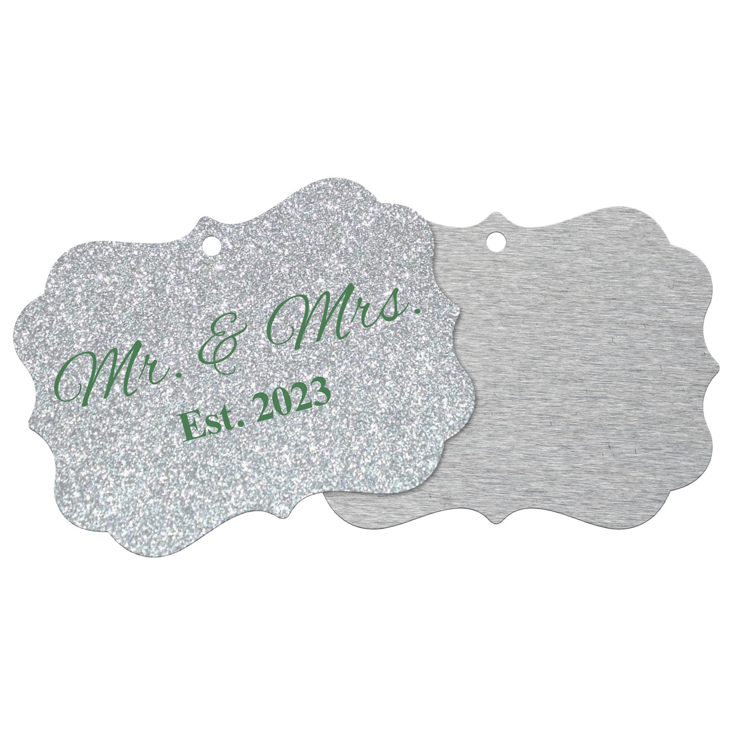 “Spouses Est. 2023” Medallion Ornament (Silver Glitter Background w/ Green Font)
