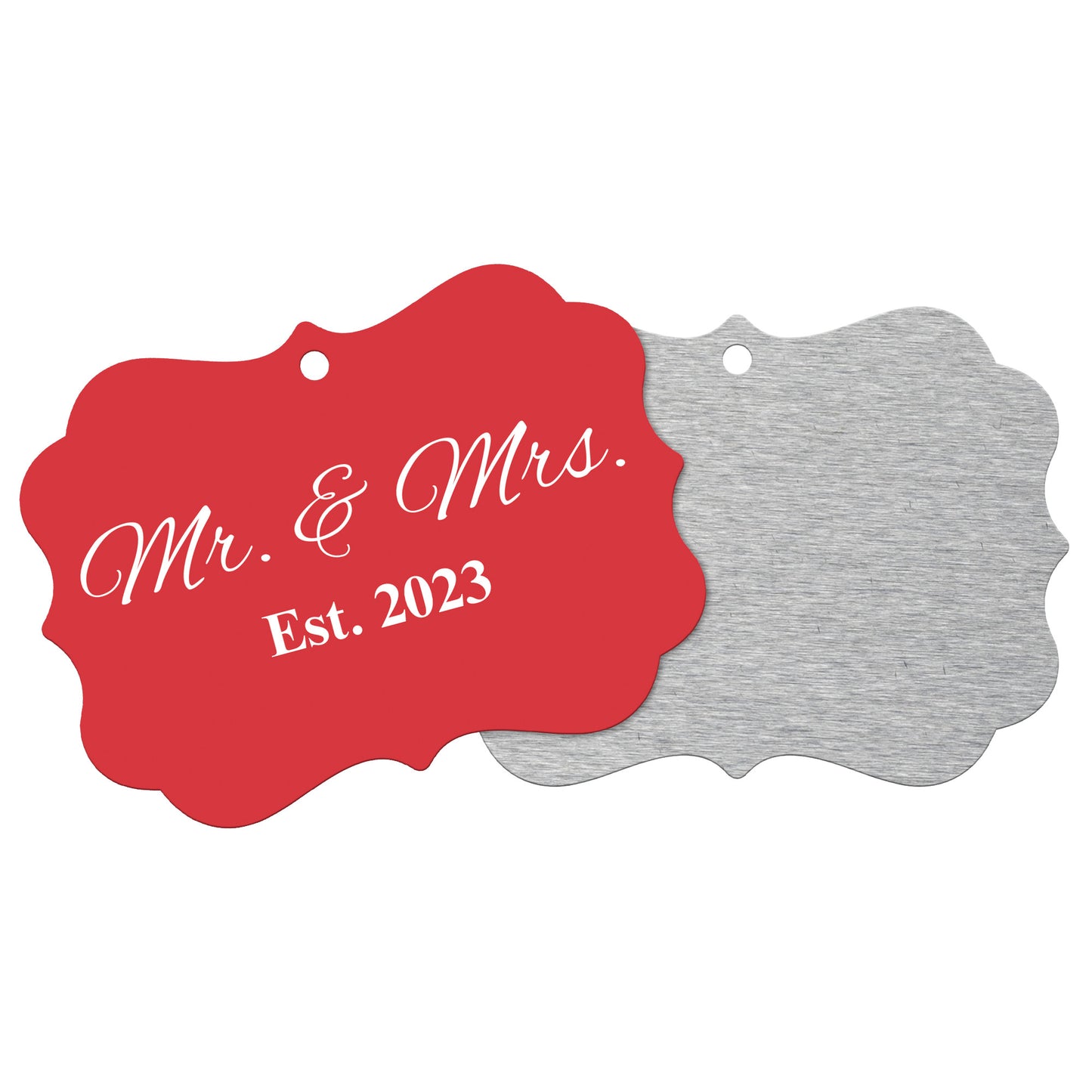 “Spouses Est. 2023” Medallion Ornament (Dark Red Background w/ White Font)