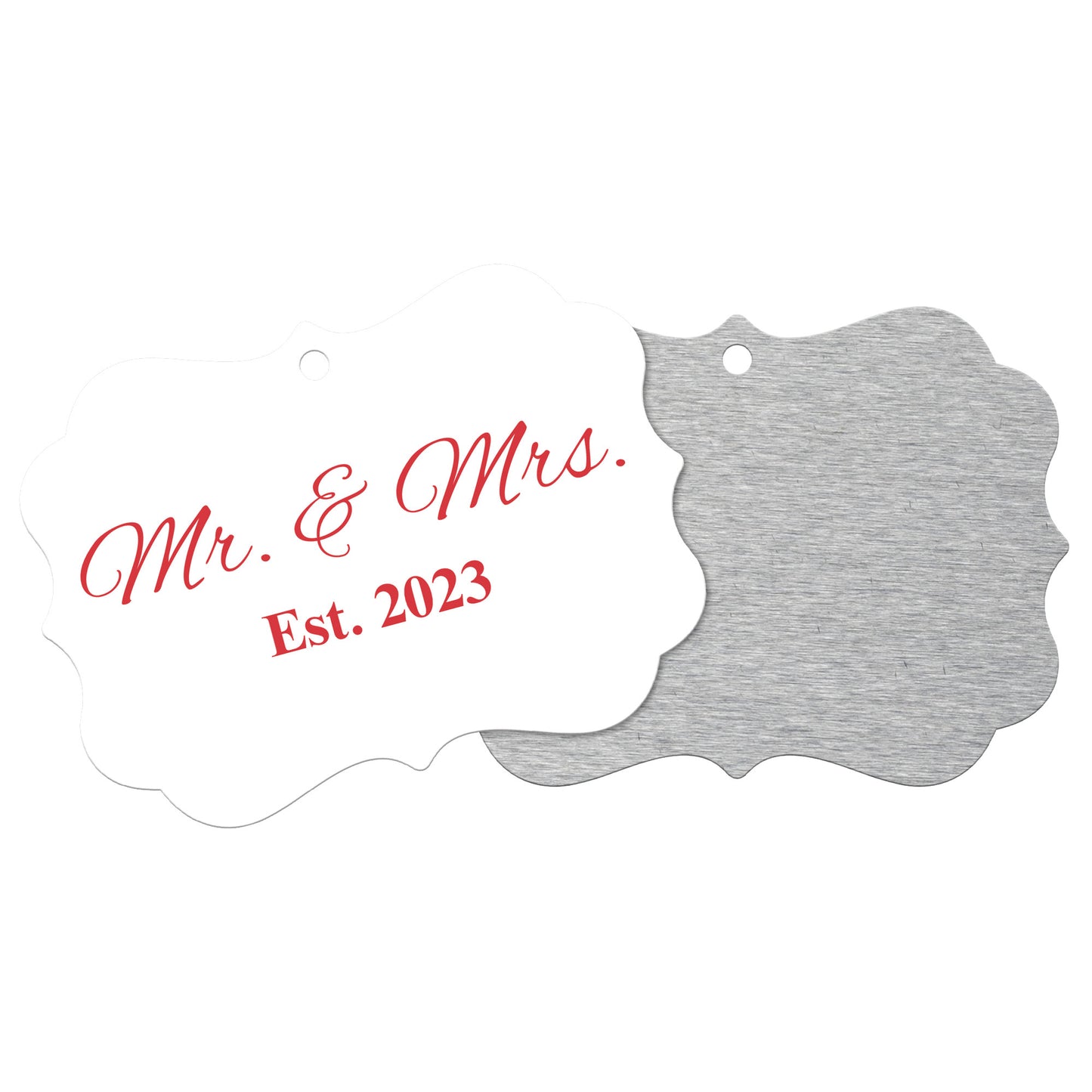 “Spouses Est. 2023” Medallion Ornament (White Background w/ Dark Red Font)