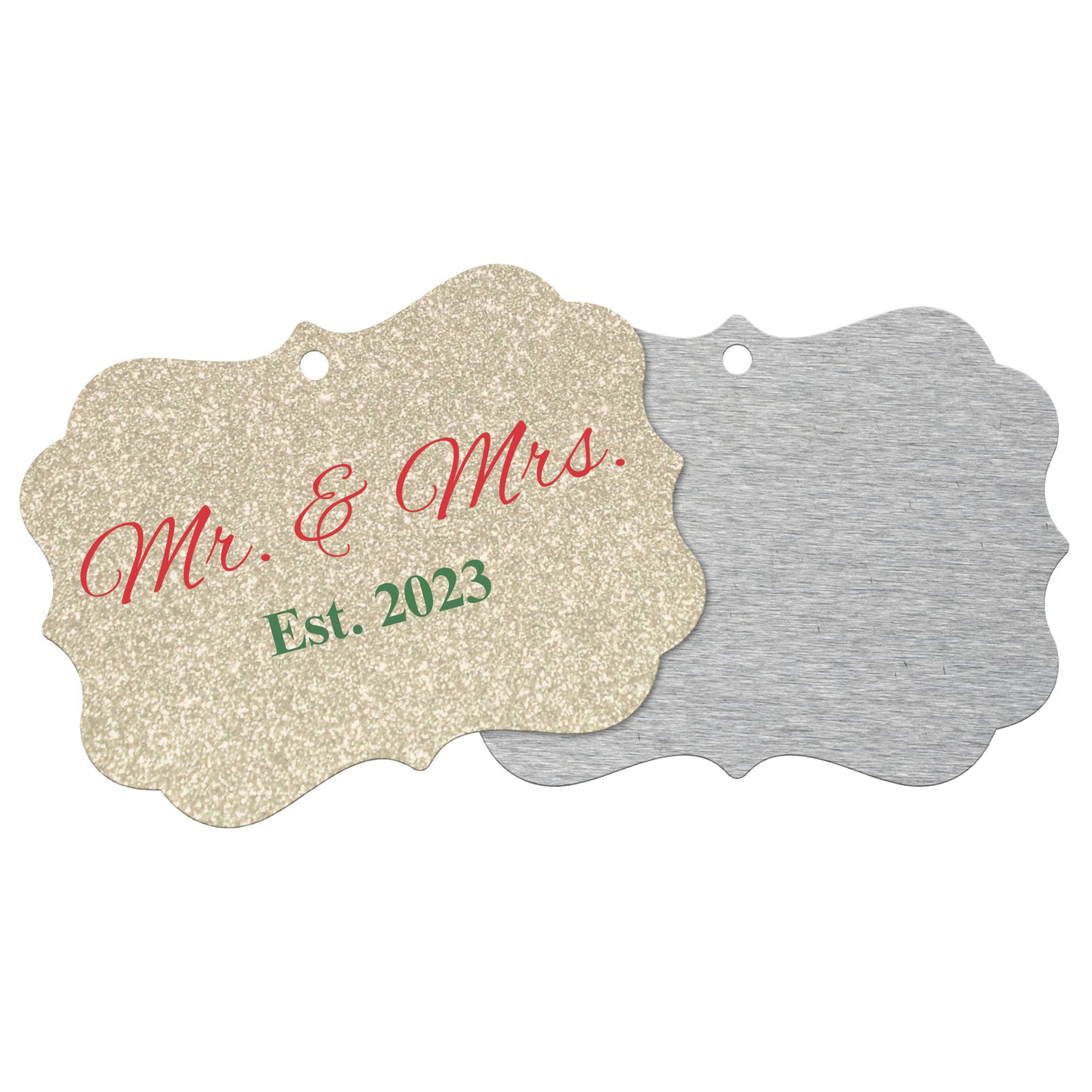 “Spouses Est. 2023” Medallion Ornament (Gold Glitter Background w/ Dark Red & Green Font)