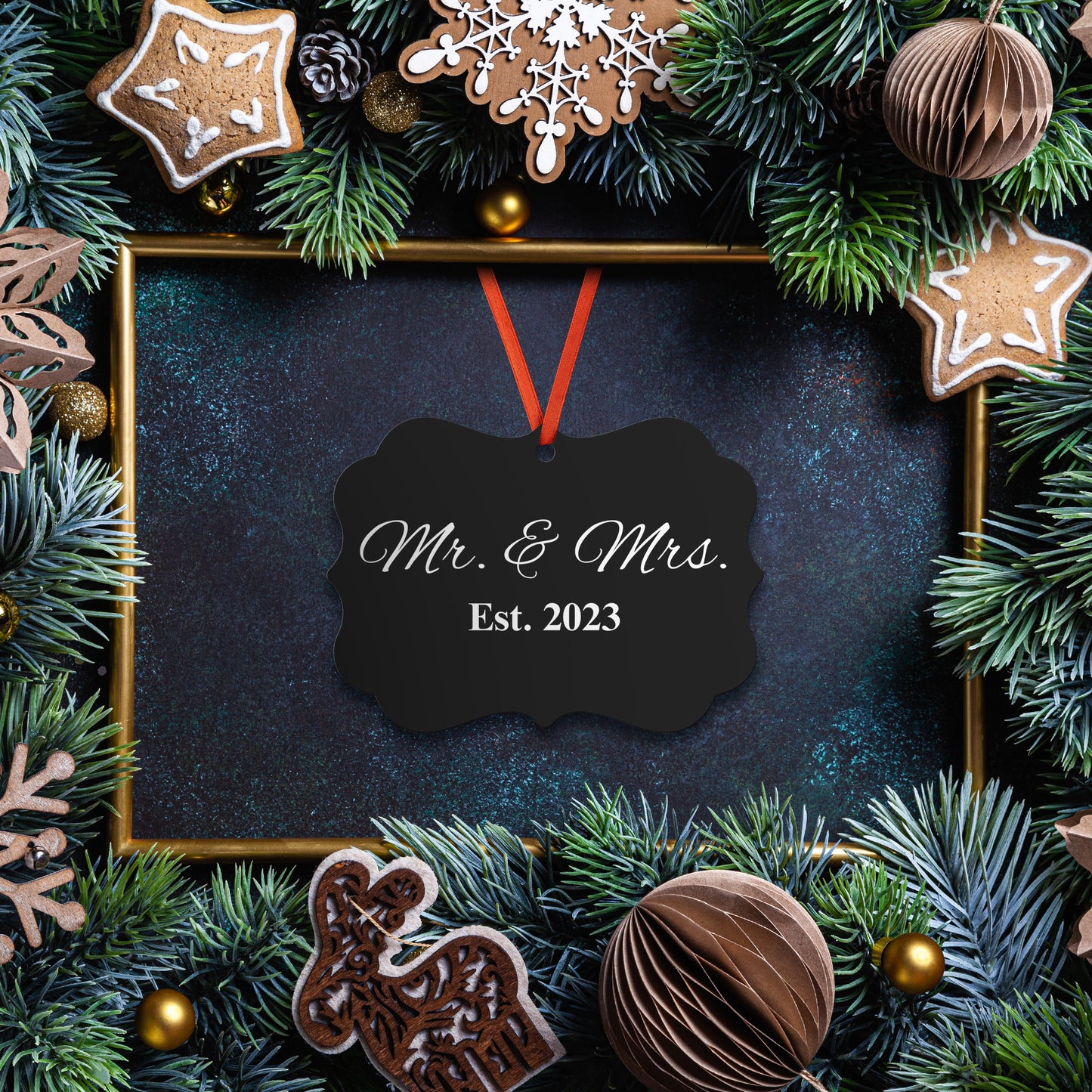 “Spouses Est. 2023” Medallion Ornament (Black Background w/ White Font)