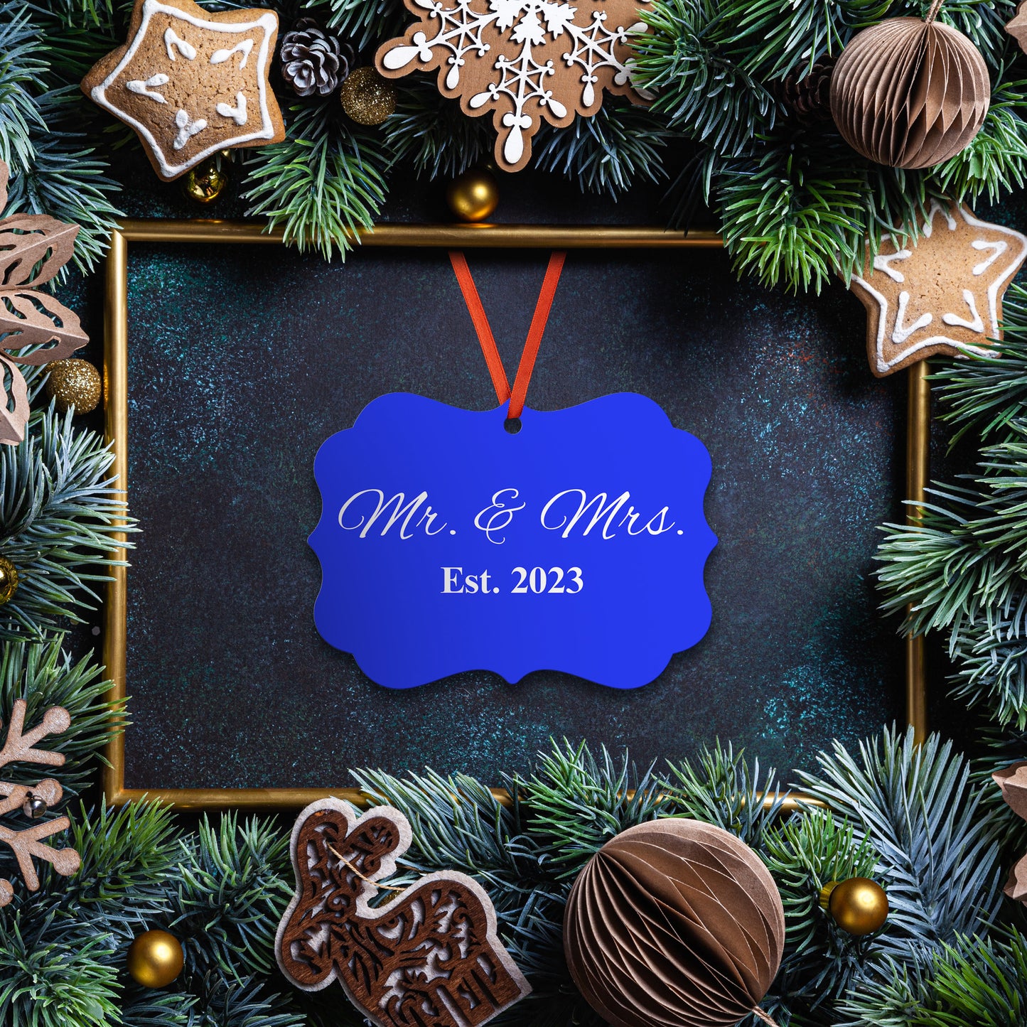 “Spouses Est. 2023” Medallion Ornament (Royal Blue Background w/ White Font)