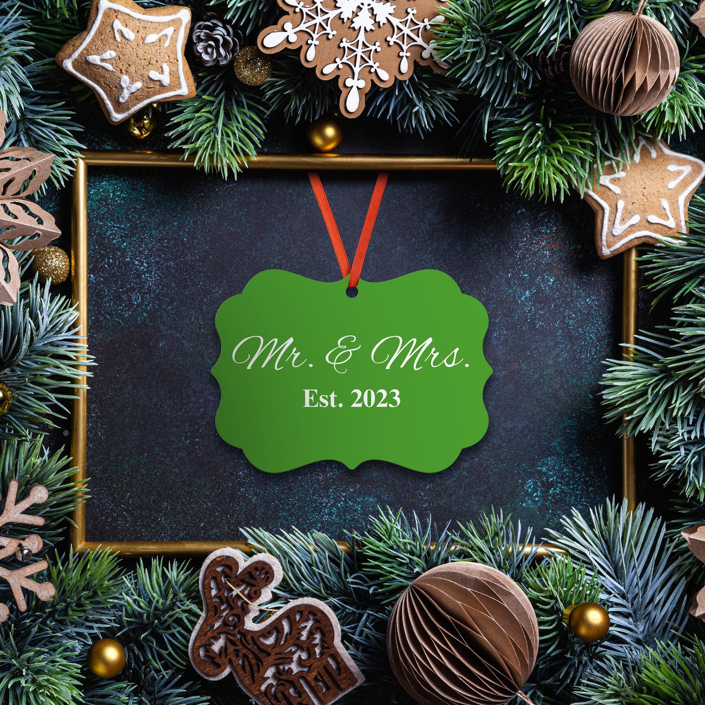 “Spouses Est. 2023” Medallion Ornament (Dark Green Background w/ White Font)