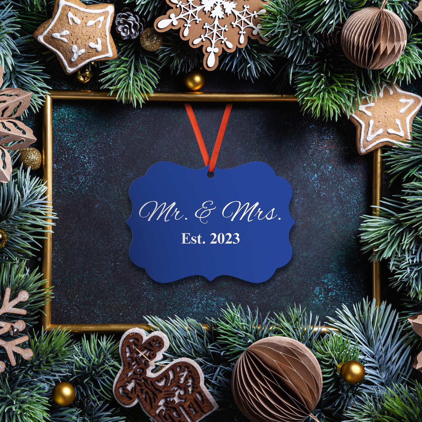 “Spouses Est. 2023” Medallion Ornament (Navy Background w/ White Font)