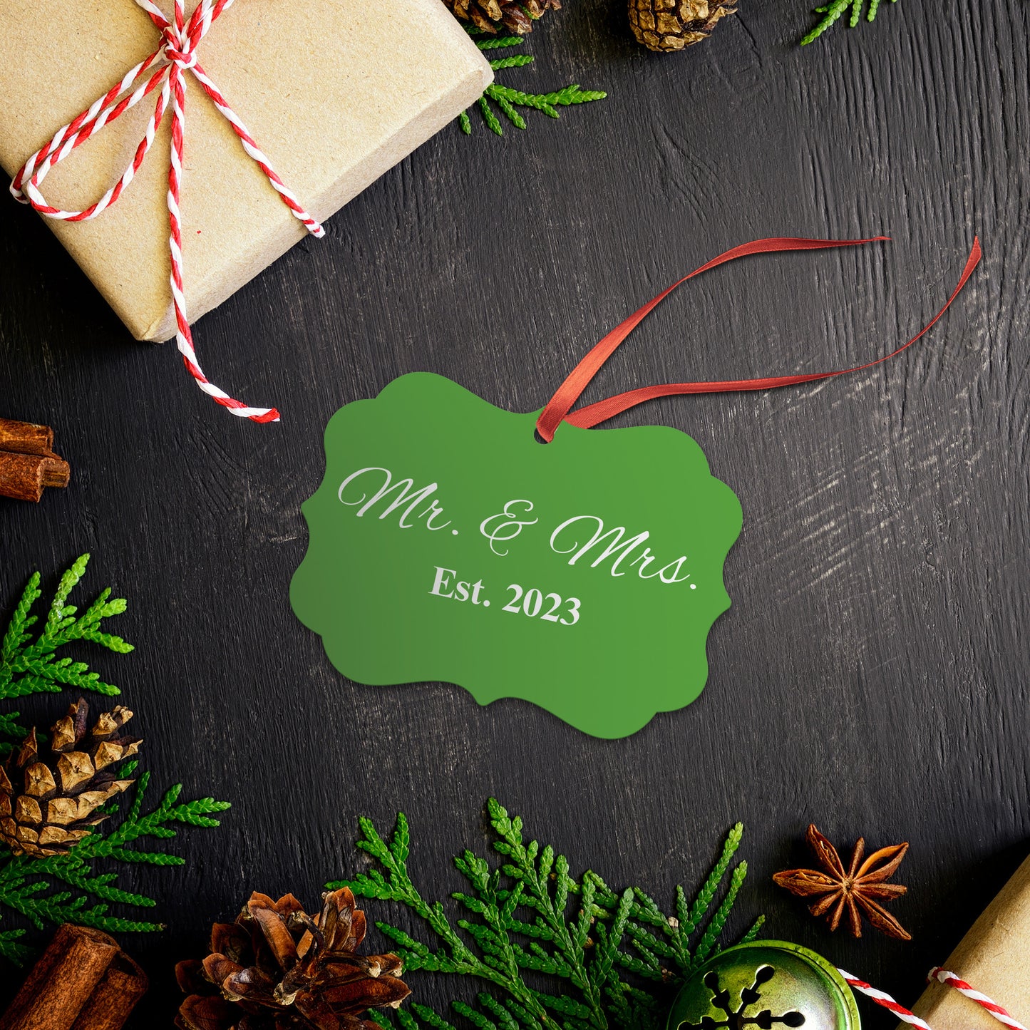 “Spouses Est. 2023” Medallion Ornament (Dark Green Background w/ White Font)