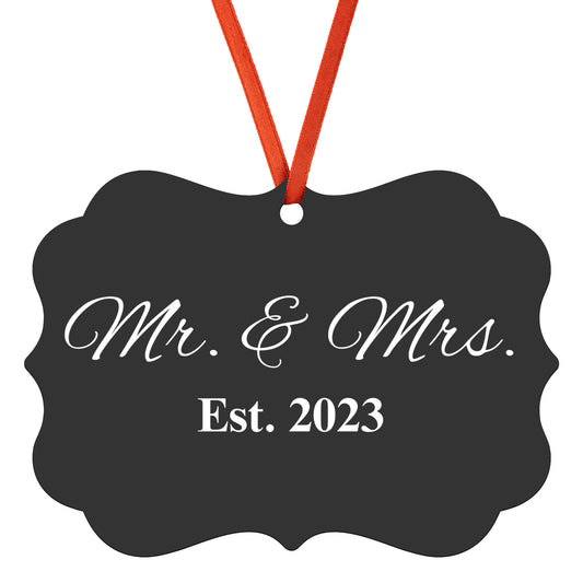 “Spouses Est. 2023” Medallion Ornament (Black Background w/ White Font)