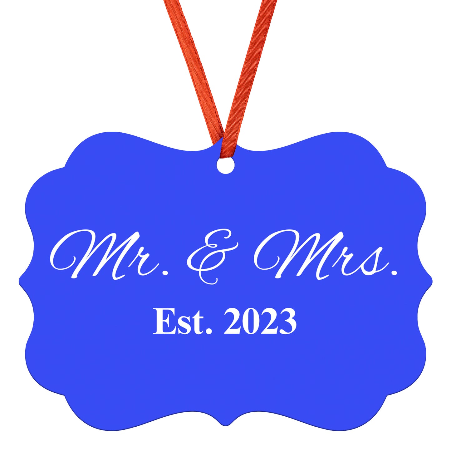 “Spouses Est. 2023” Medallion Ornament (Royal Blue Background w/ White Font)