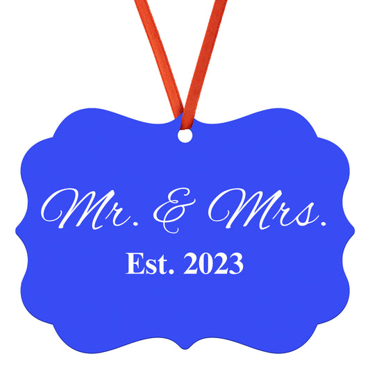 “Spouses Est. 2023” Medallion Ornament (Royal Blue Background w/ White Font)