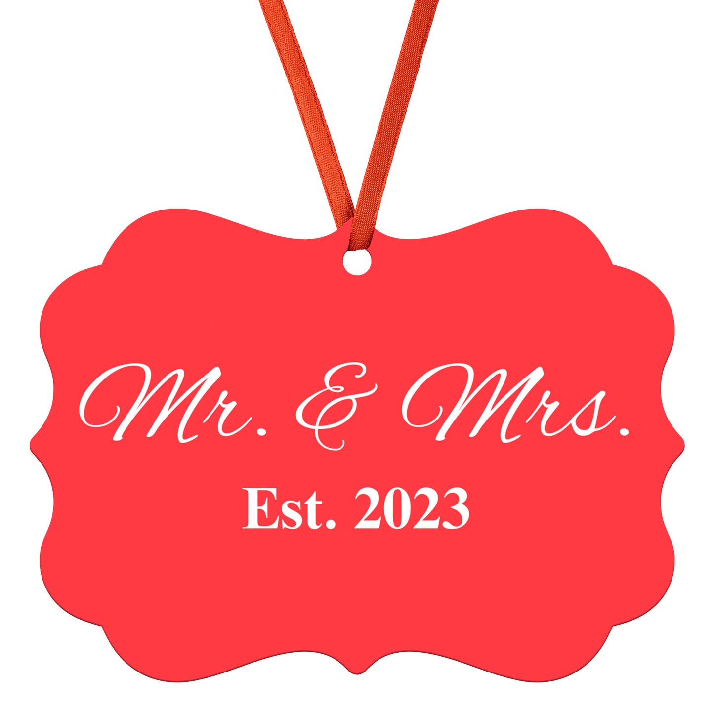 “Spouses Est. 2023” Medallion Ornament (Bright Red Background w/ White Font)