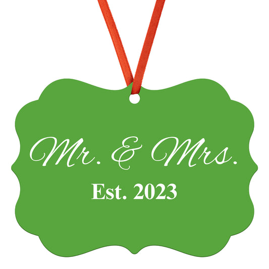 “Spouses Est. 2023” Medallion Ornament (Dark Green Background w/ White Font)