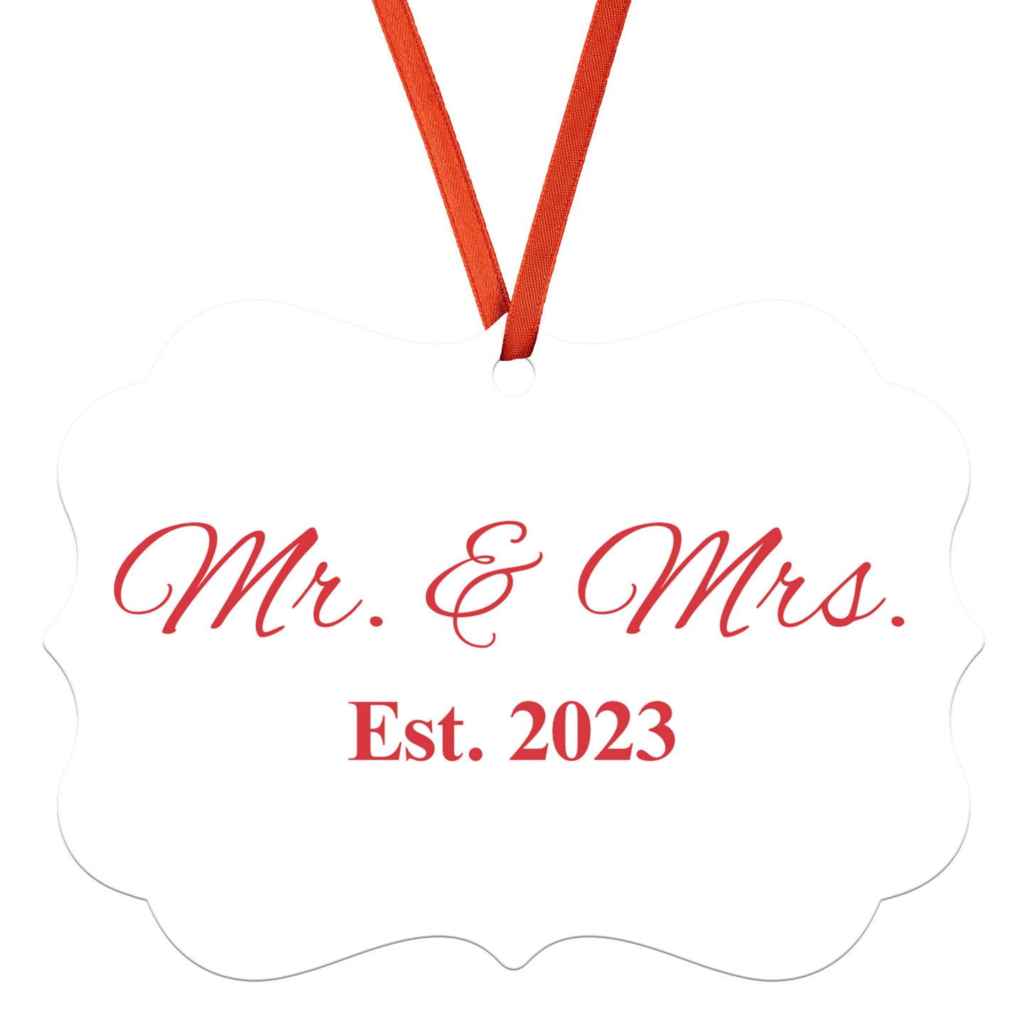 “Spouses Est. 2023” Medallion Ornament (White Background w/ Dark Red Font)