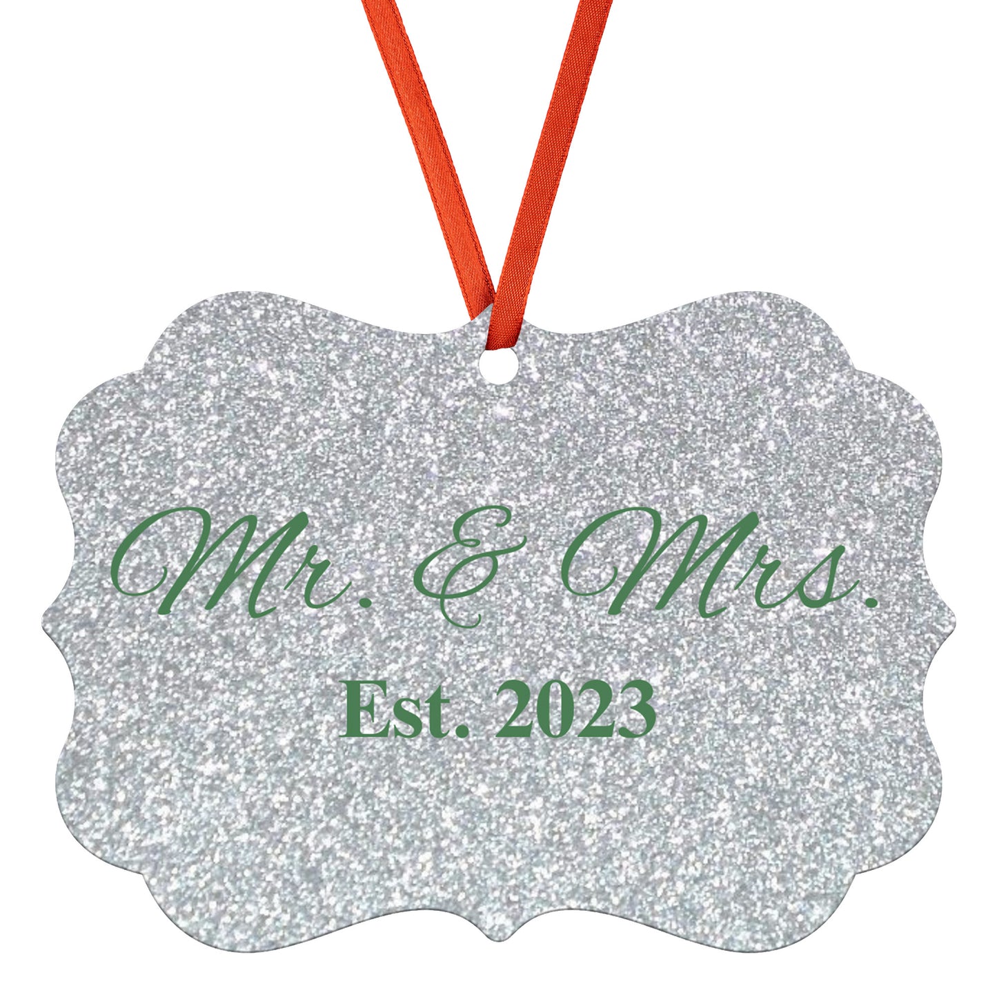 “Spouses Est. 2023” Medallion Ornament (Silver Glitter Background w/ Green Font)