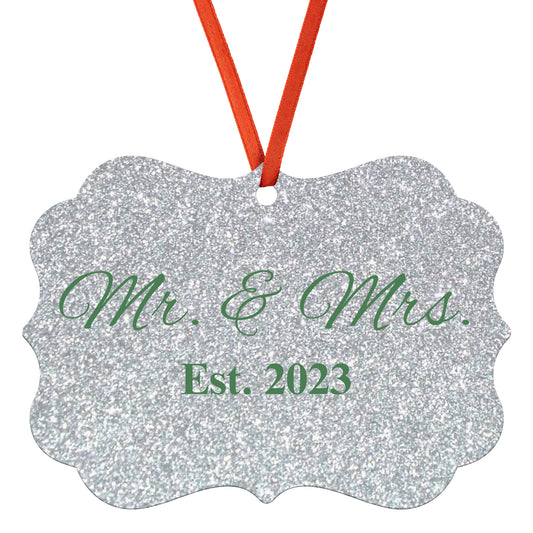 “Spouses Est. 2023” Medallion Ornament (Silver Glitter Background w/ Green Font)