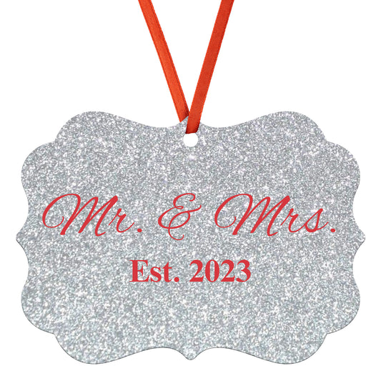 “Spouses Est. 2023” Medallion Ornament (Silver Glitter Background w/ Red Font)