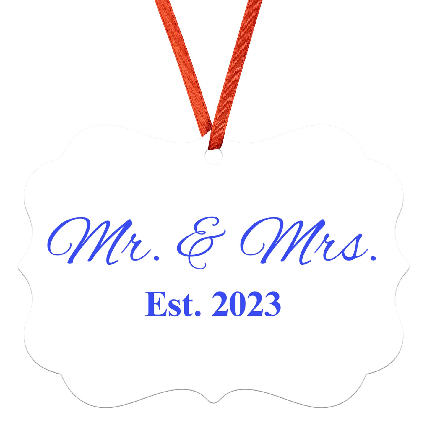 “Spouses Est. 2023” Medallion Ornament (White Background w/ Royal Blue Font)