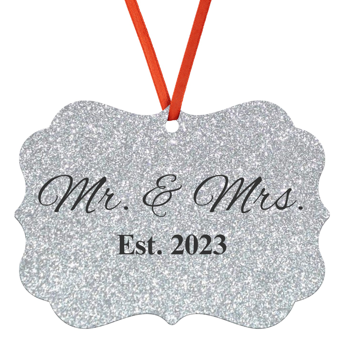 “Spouses Est. 2023” Medallion Ornament (Silver Glitter Background w/ Black Font)