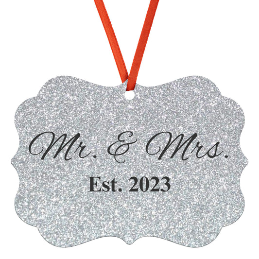 “Spouses Est. 2023” Medallion Ornament (Silver Glitter Background w/ Black Font)