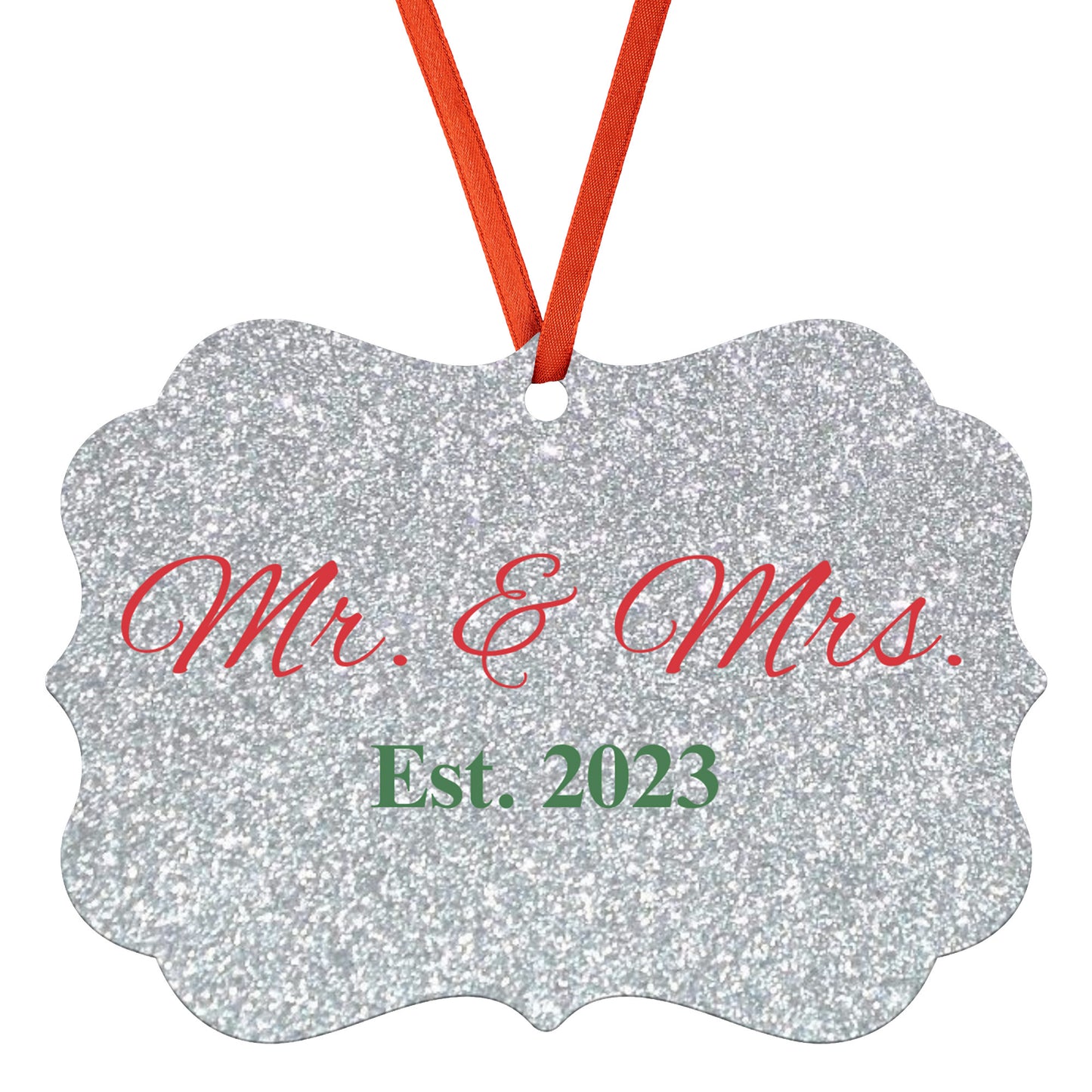 “Spouses Est. 2023” Medallion Ornament (Silver Glitter Background w/ Dark Red & Green Font)