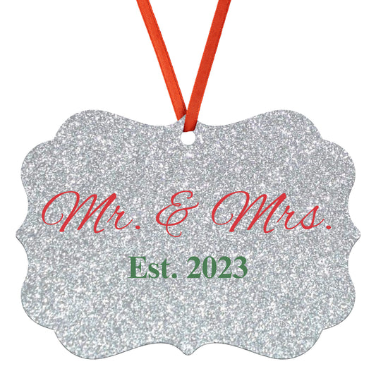 “Spouses Est. 2023” Medallion Ornament (Silver Glitter Background w/ Dark Red & Green Font)