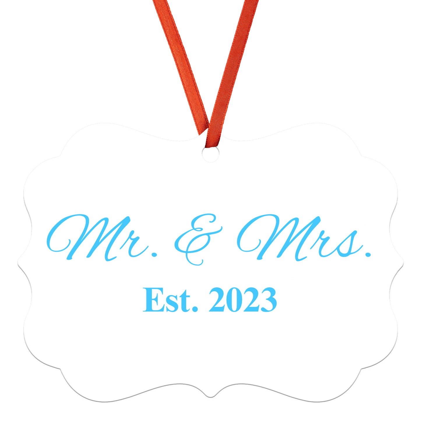 “Spouses Est. 2023” Medallion Ornament (White Background w/ Light Blue Font)