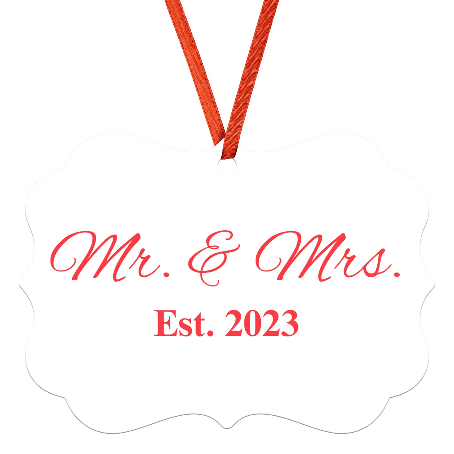 “Spouses Est. 2023” Medallion Ornament (White Background w/ Bright Red Font)