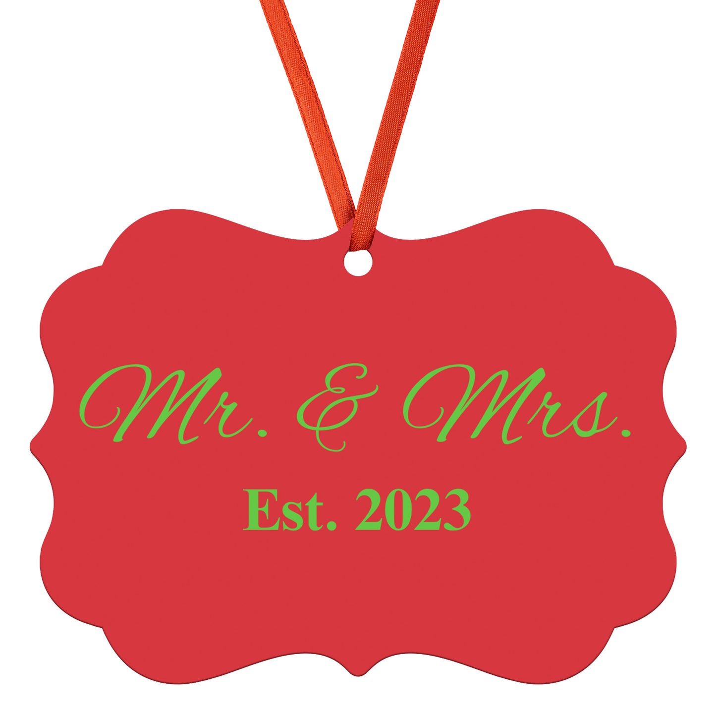 “Spouses Est. 2023” Medallion Ornament (Dark Red Background w/ Green Font)