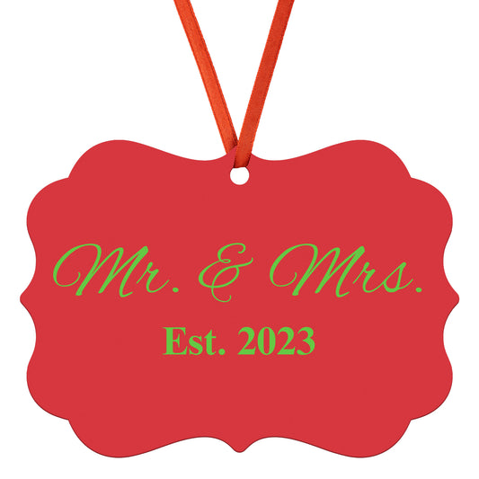 “Spouses Est. 2023” Medallion Ornament (Dark Red Background w/ Green Font)