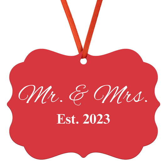 “Spouses Est. 2023” Medallion Ornament (Dark Red Background w/ White Font)