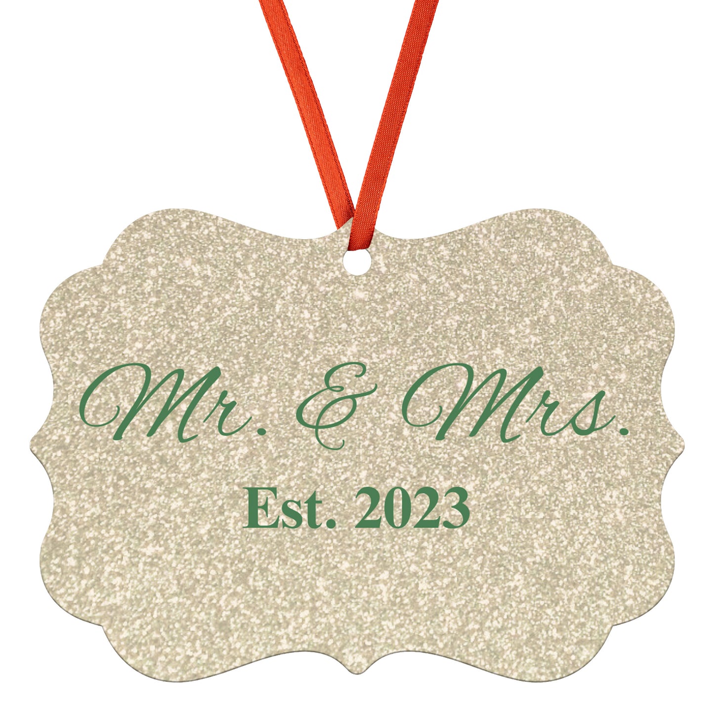 “Spouses Est. 2023” Medallion Ornament (Gold Glitter Background w/ Green Font)