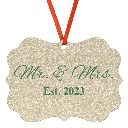 “Spouses Est. 2023” Medallion Ornament (Gold Glitter Background w/ Green Font)