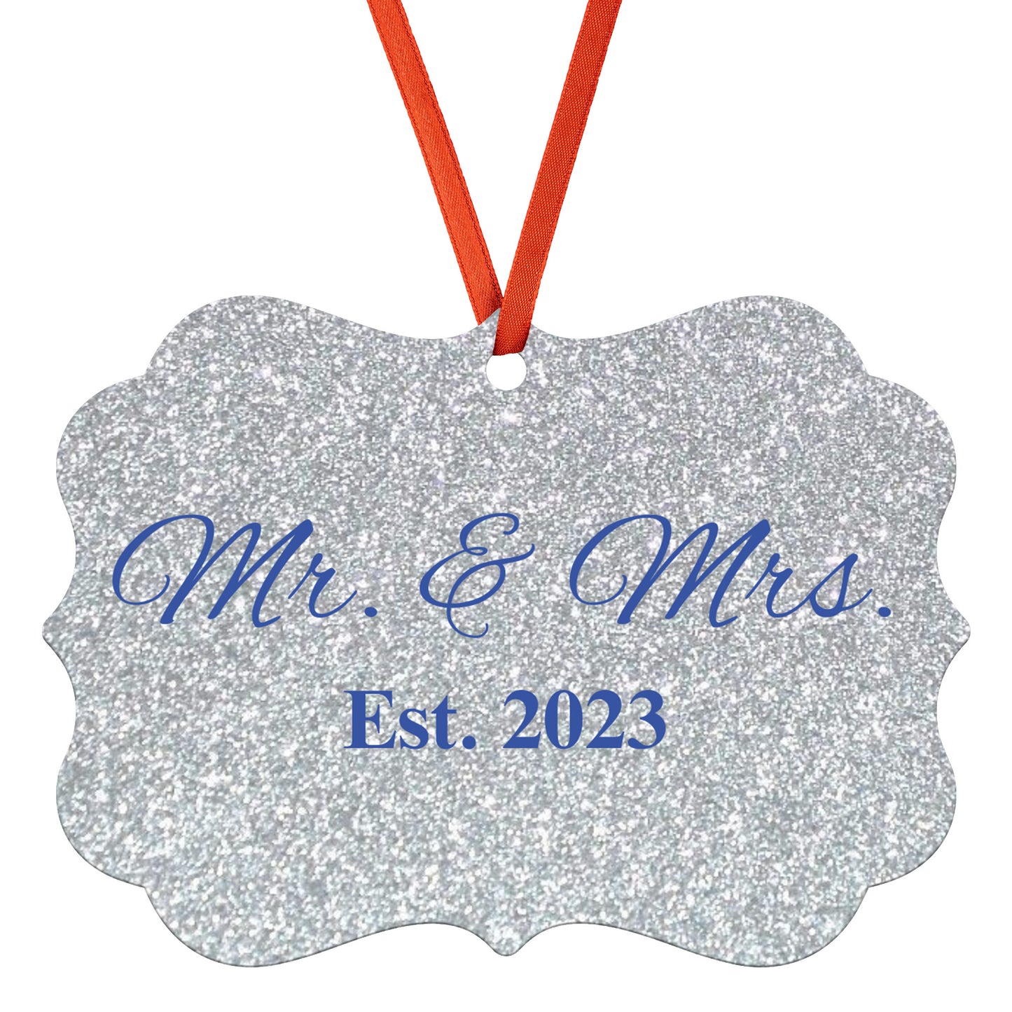 “Spouses Est. 2023” Medallion Ornament (Silver Glitter Background w/ Navy Font)