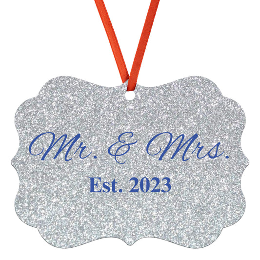 “Spouses Est. 2023” Medallion Ornament (Silver Glitter Background w/ Navy Font)