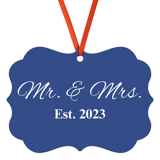 “Spouses Est. 2023” Medallion Ornament (Midnight Navy Background w/ White Font)