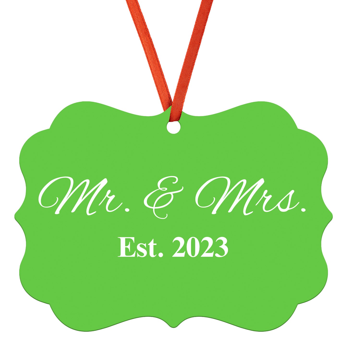 “Spouses Est. 2023” Medallion Ornament (Bright Green Background w/ White Font)
