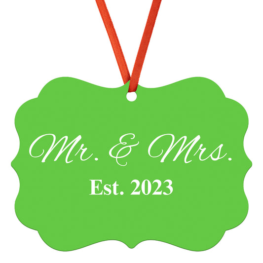 “Spouses Est. 2023” Medallion Ornament (Bright Green Background w/ White Font)