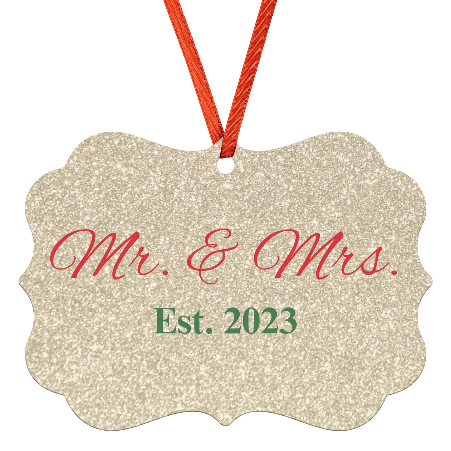 “Spouses Est. 2023” Medallion Ornament (Gold Glitter Background w/ Dark Red & Green Font)