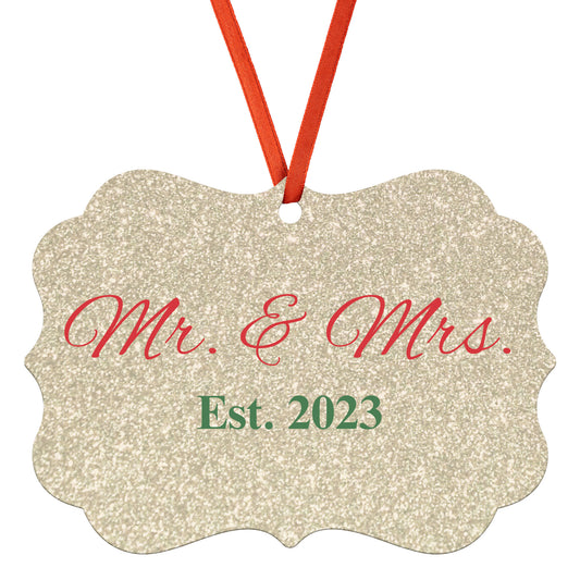 “Spouses Est. 2023” Medallion Ornament (Gold Glitter Background w/ Dark Red & Green Font)