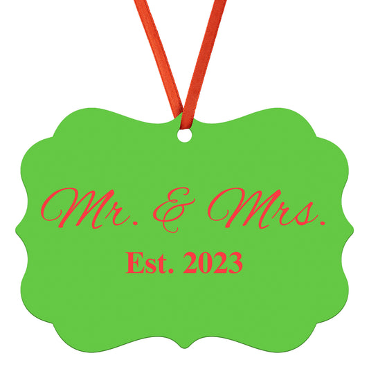 “Spouses Est. 2023” Medallion Ornament (Bright Green Background w/ Red Font)
