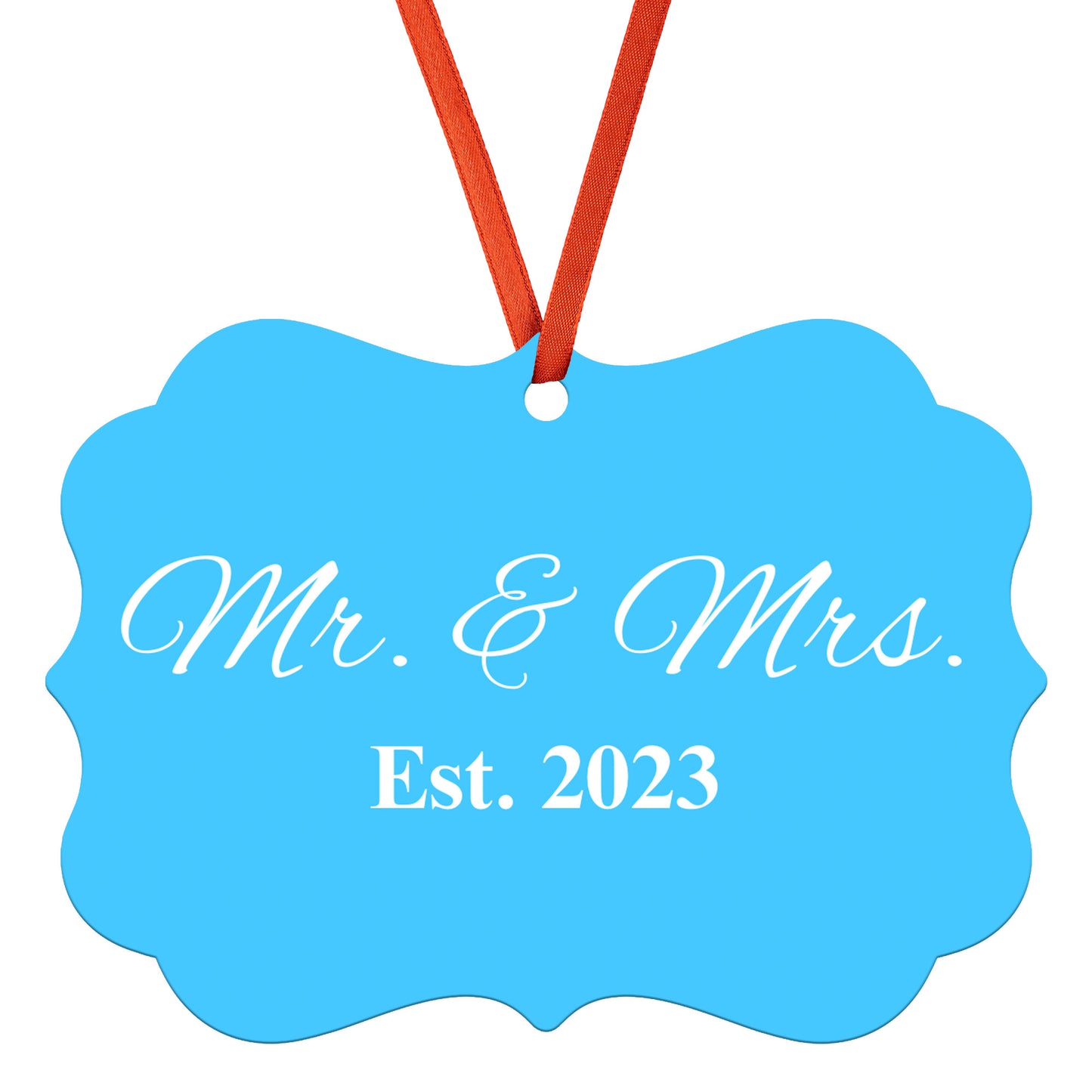 “Spouses Est. 2023” Medallion Ornament (Light Blue Background w/ White Font)