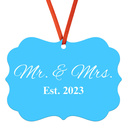 “Spouses Est. 2023” Medallion Ornament (Light Blue Background w/ White Font)