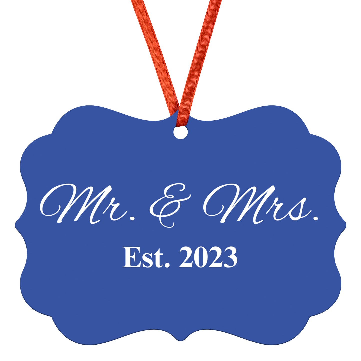 “Spouses Est. 2023” Medallion Ornament (Navy Background w/ White Font)