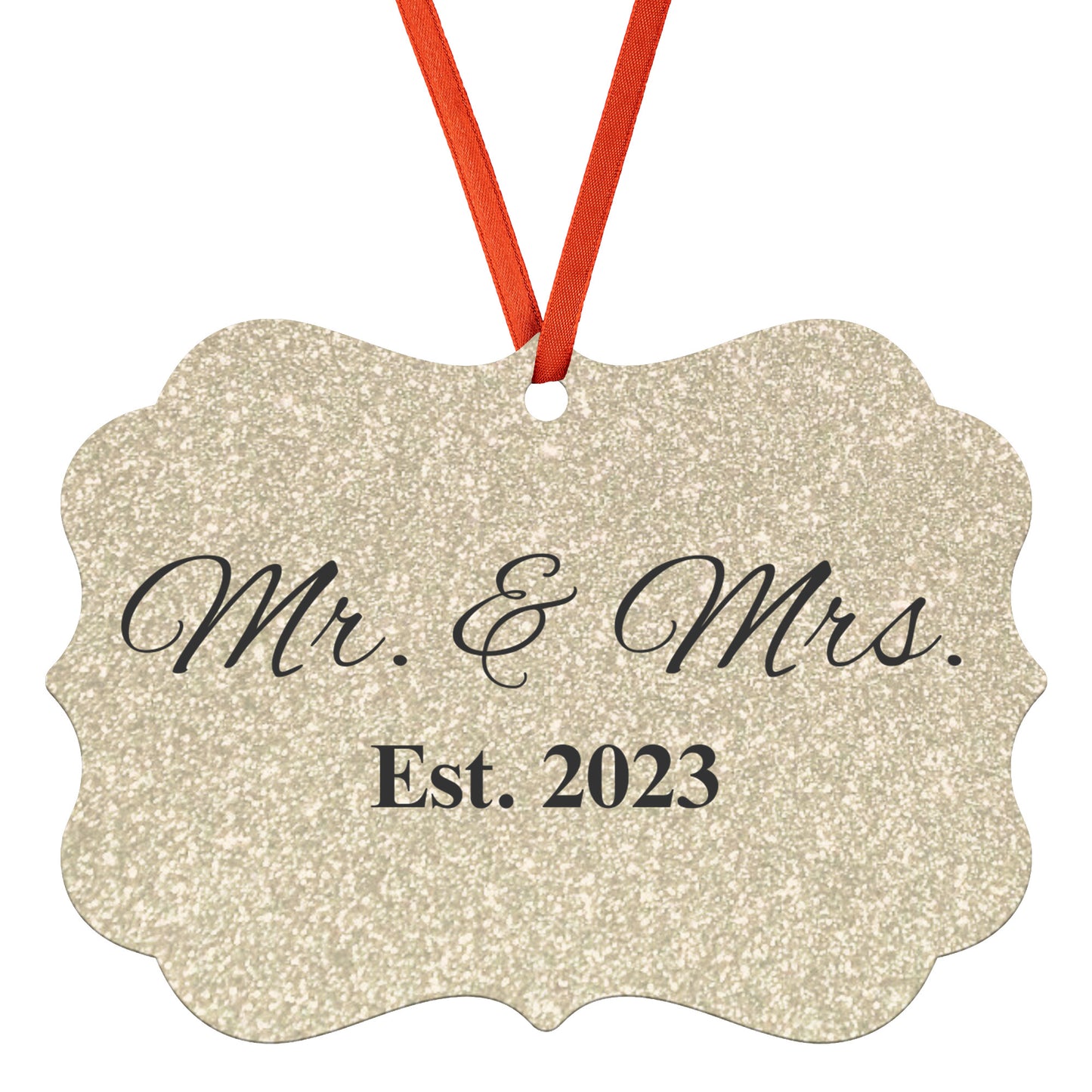 “Spouses Est. 2023” Medallion Ornament (Gold Glitter Background w/ Black Font)