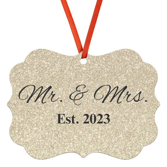 “Spouses Est. 2023” Medallion Ornament (Gold Glitter Background w/ Black Font)