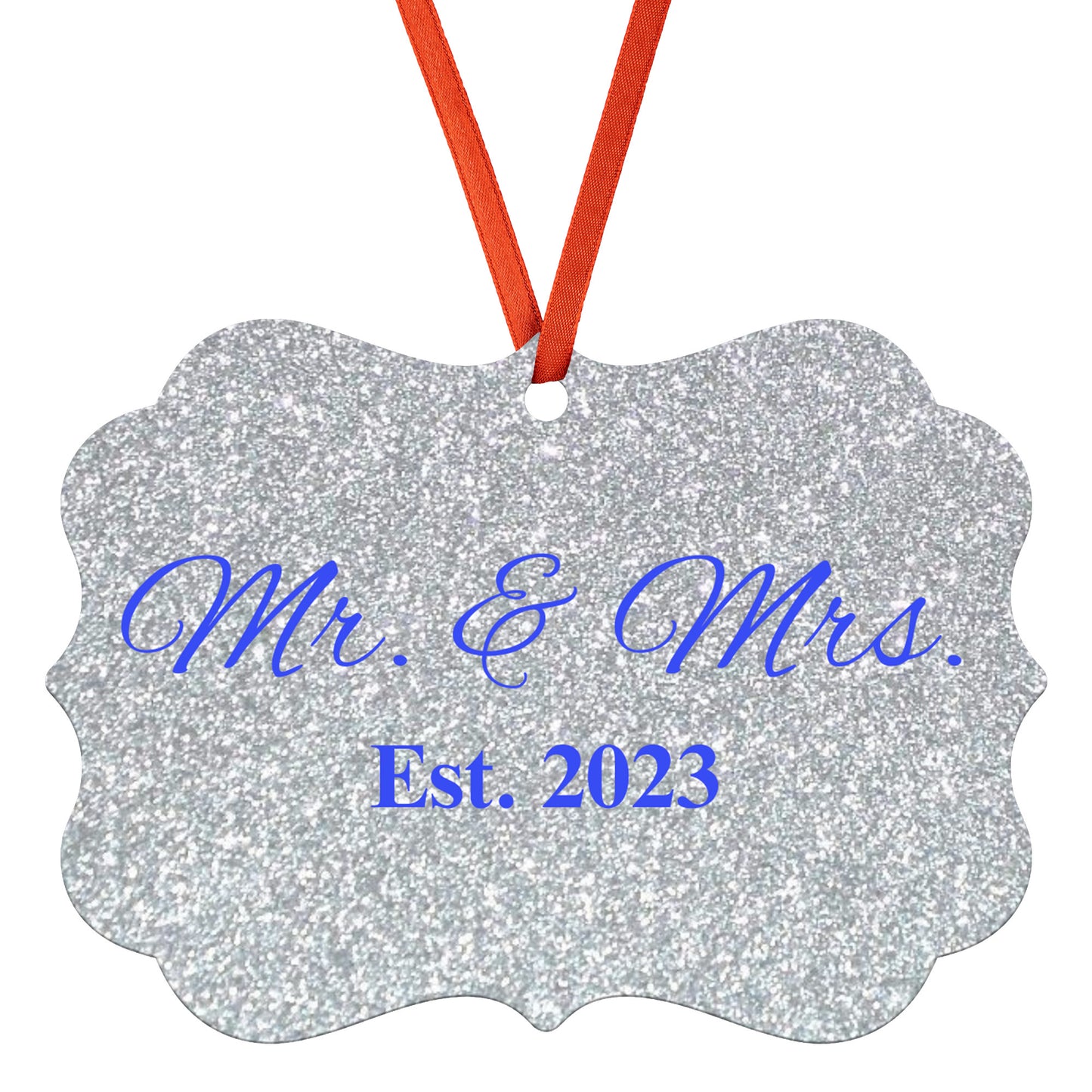 “Spouses Est. 2023” Medallion Ornament (Silver Glitter Background w/ Royal Blue Font)