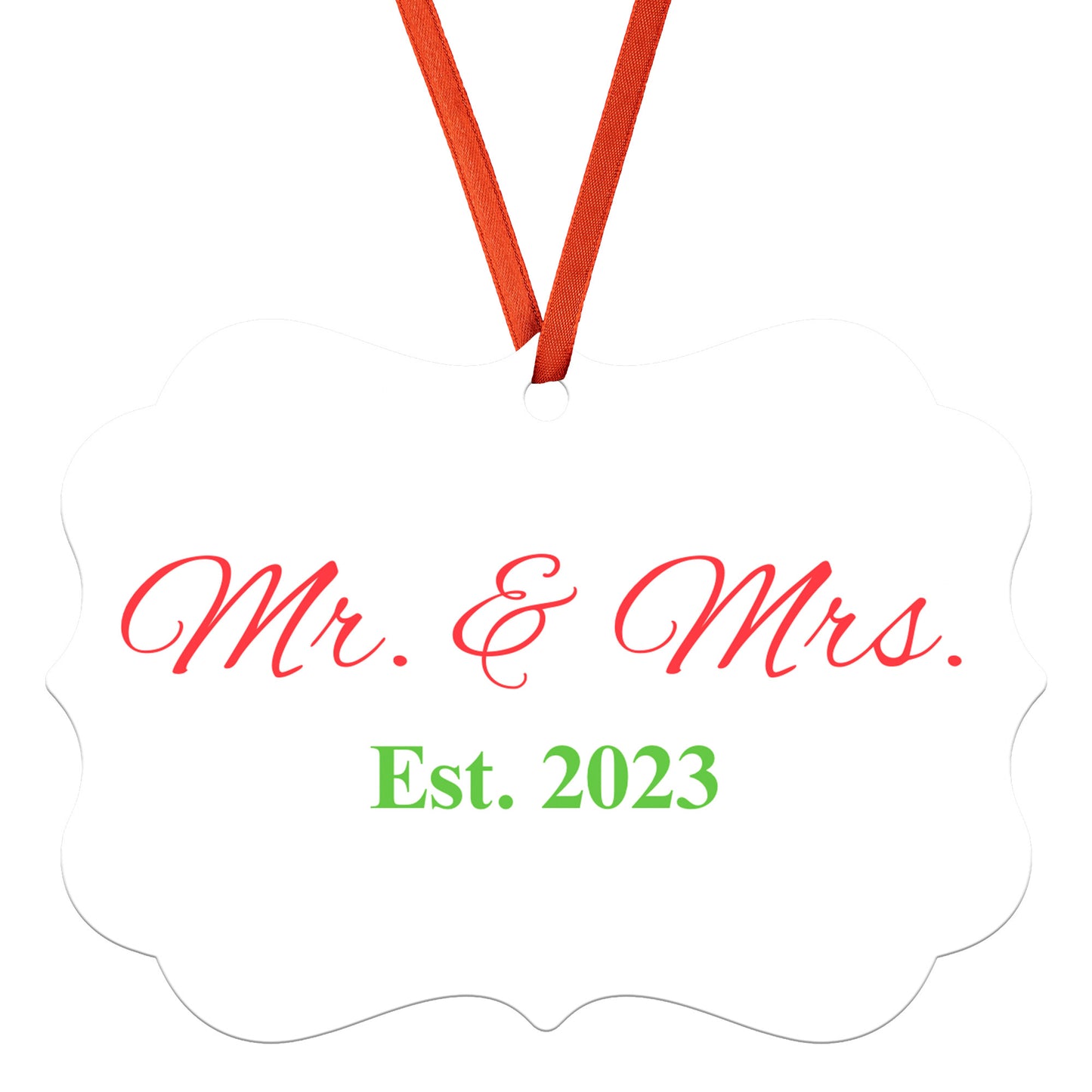 “Spouses Est. 2023” Medallion Ornament (White Background w/ Bright Red & Green Font)