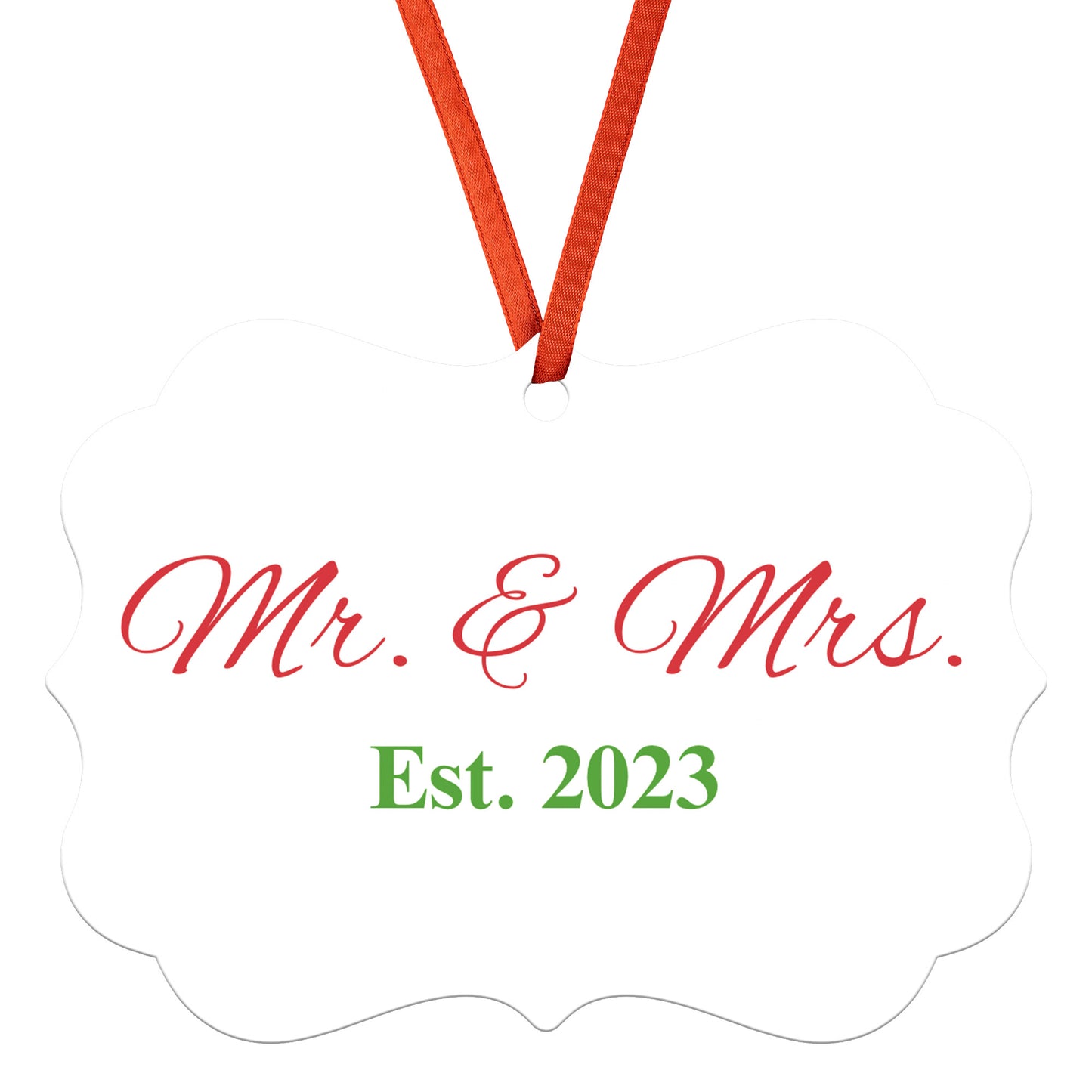 “Spouses Est. 2023” Medallion Ornament (White Background w/ Dark Red & Green Font)