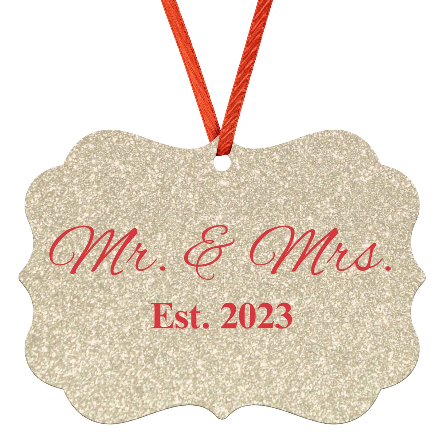 “Spouses Est. 2023” Medallion Ornament (Gold Glitter Background w/ Red Font)